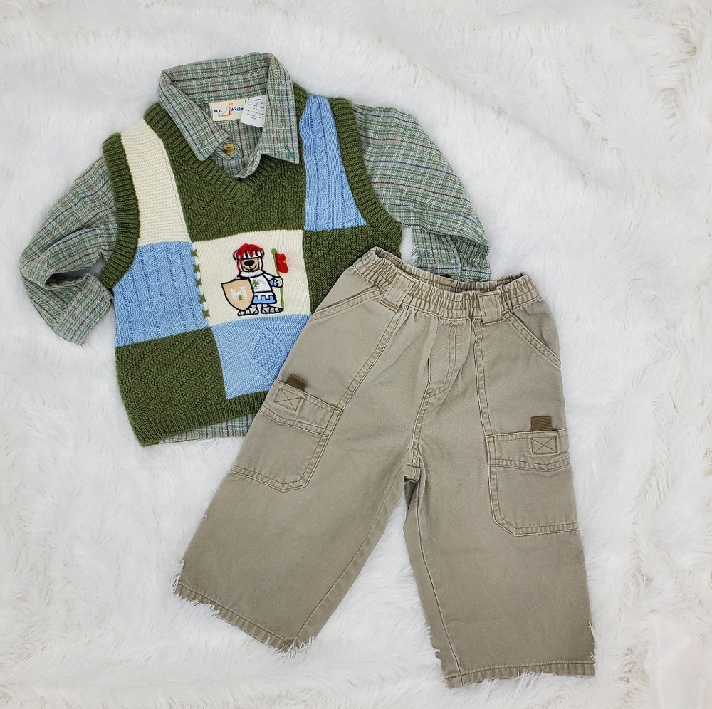 Vintage Kids Plaid Shirt and Knit Vest Set Toddler and Pants (Not Coord Set)
